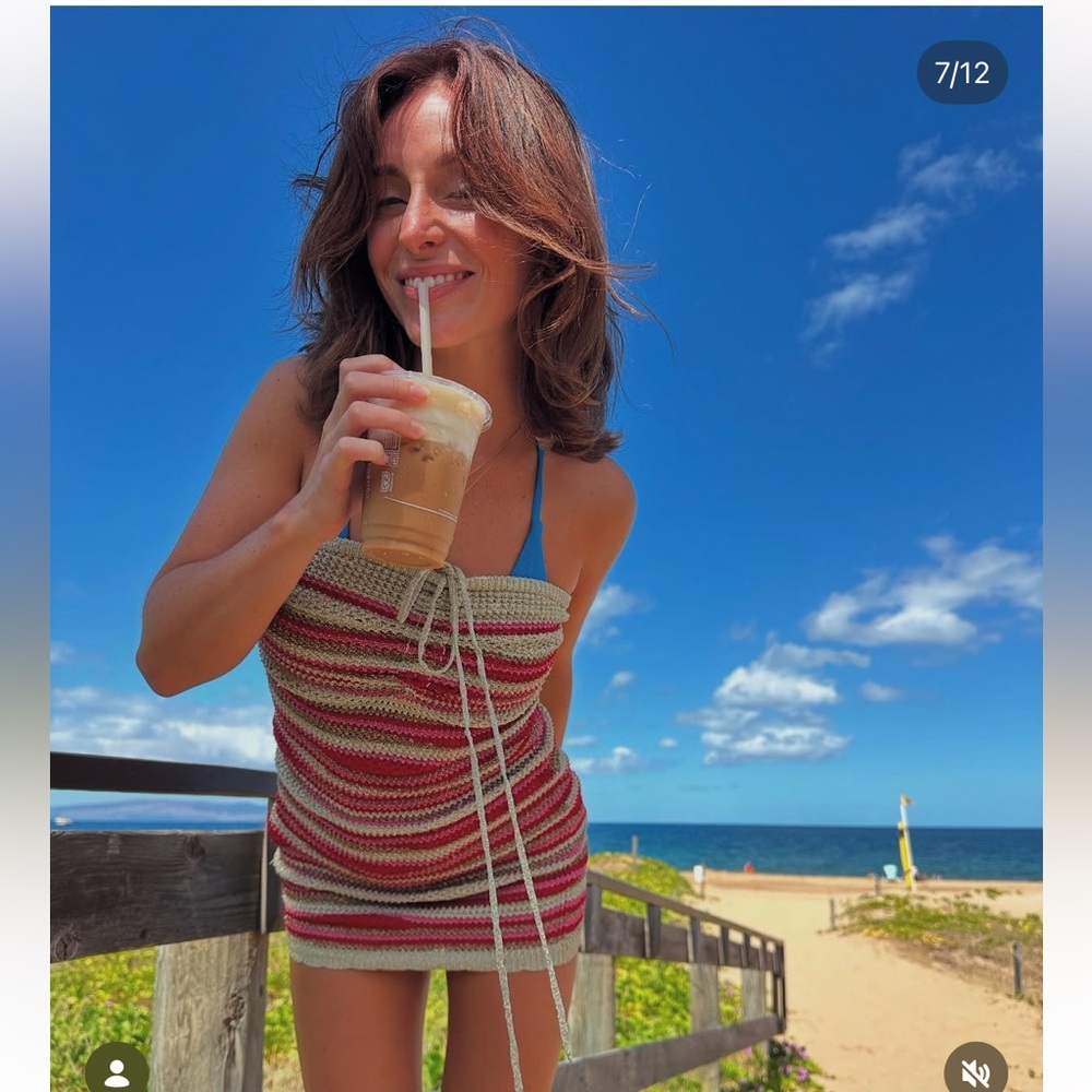 Farm Rio Dress Mixed Waves Halter Mini Crochet in Striped Red Metallic Gold